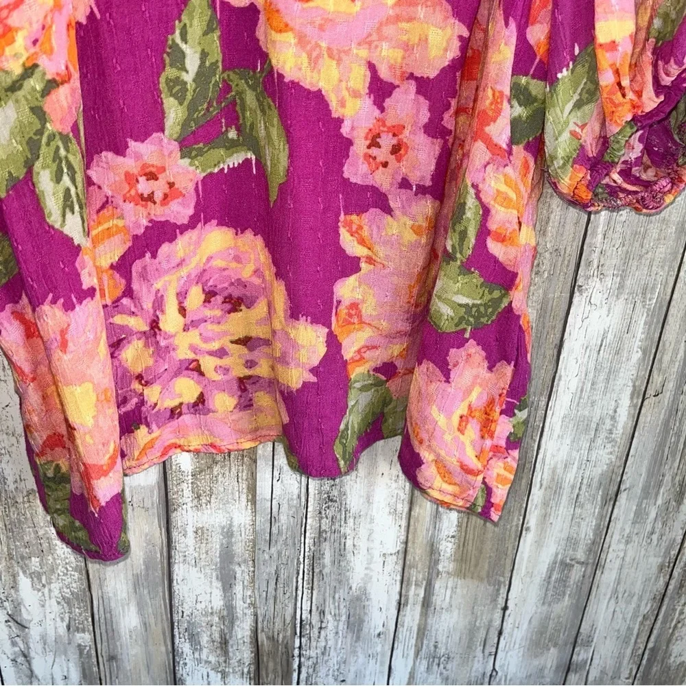 Rachel Roy Floral Blouse Medium Pink Orange Puff Sleeve Boho Top Women - Picture 3 of 5